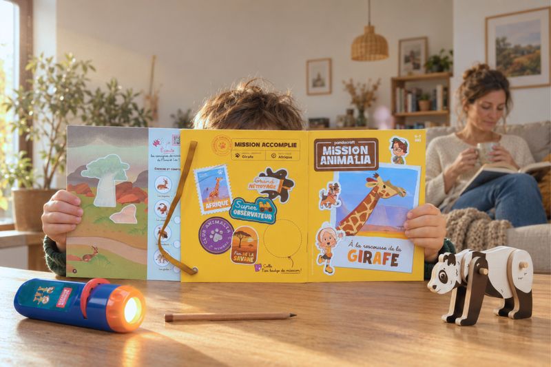 Un enfant plongé dans son carnet de mission, la lampe à histoire et le panda à construire sur la table ; derrière lui, sa mère lit sur le canapé, une tasse de café à la main.