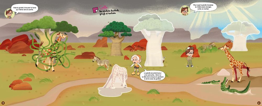 Triple page de la mission girafe : une savane avec des girafes, des zèbres et des crocodiles, un labyrinthe de lianes, des emplacements de stickers et une zone à gratter.